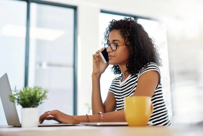Framed Print : Woman, laptop and phone call in home office for startup