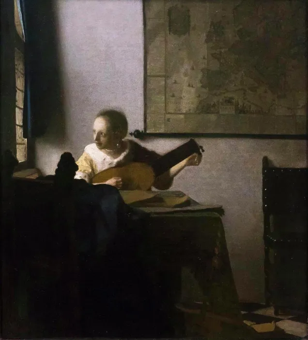Framed Print : Woman with Lute by Johannes Vermeer (1632 - 1675); Oil on canvas; circa 1662 - 63