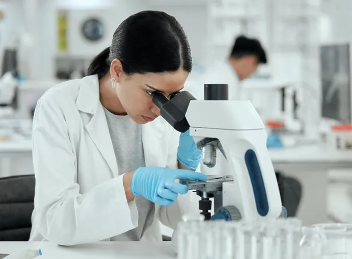 Framed Print : Woman, microscope and research in lab for chemistry Framed Print : Woman, microscope and research in lab for chemistry