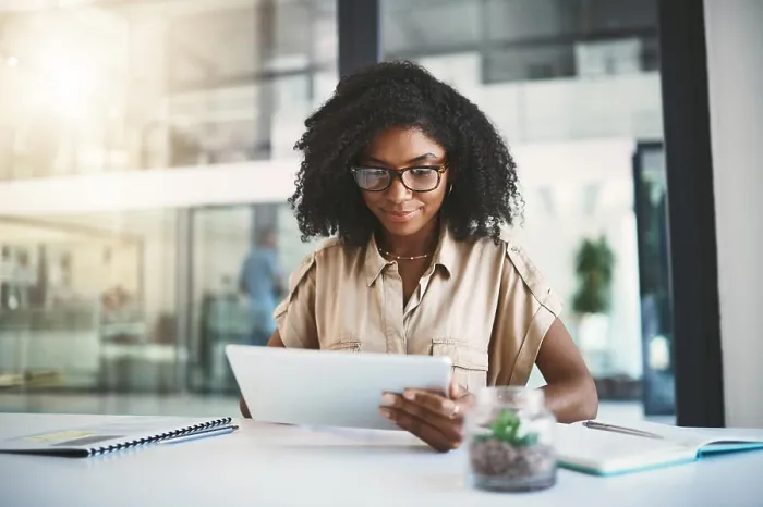 Framed Print : Woman, searching and tablet in office for business Framed Print : Woman, searching and tablet in office for business