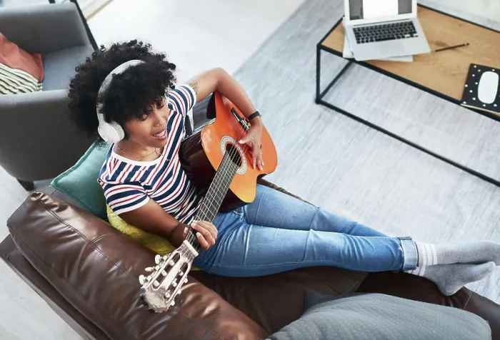 Framed Print : Woman, song and passion with guitar at home for music Framed Print : Woman, song and passion with guitar at home for music