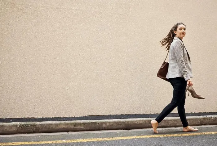 Framed Print : Woman in street, walking at wall with mockup and barefoot Framed Print : Woman in street, walking at wall with mockup and barefoot