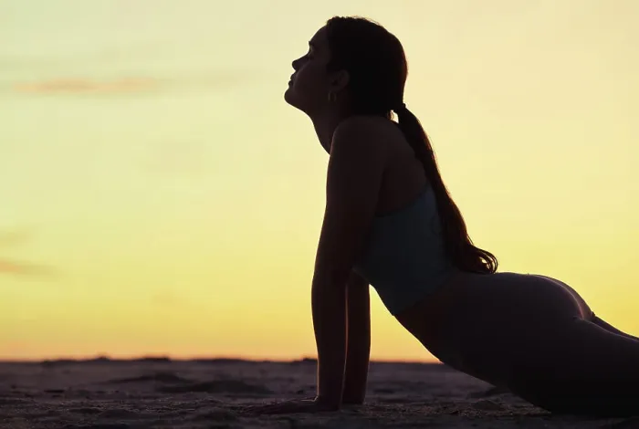 Framed Print : Woman, stretching and silhouette at sunset on beach for yoga