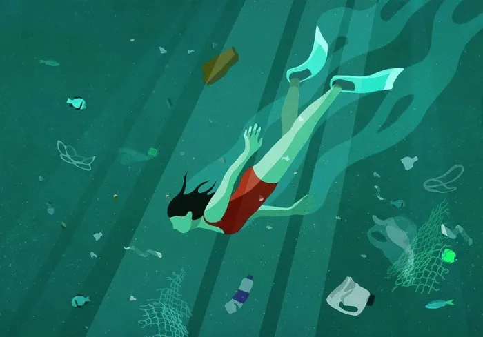 Framed Print : Woman swimming underwater in sea among pollution
