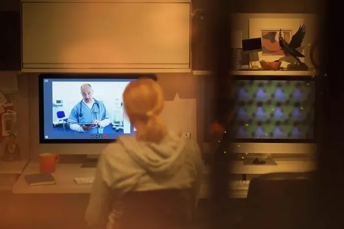 Framed Print : Woman video conferencing with doctor on computer screen