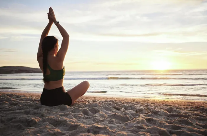 Framed Print : Woman, yoga and meditation on the beach in sunset for spiritual wellness or zen workout outdoors Framed Print : Woman, yoga and meditation on the beach in sunset for spiritual wellness or zen workout outdoors
