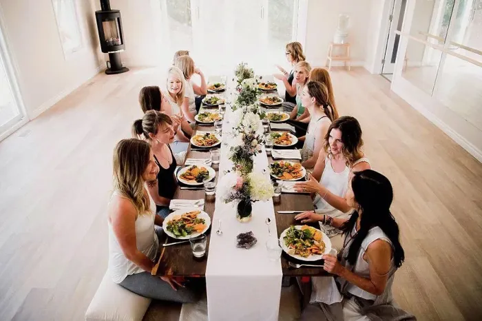 Framed Print : Women enjoying friendship and meal in yoga retreat Framed Print : Women enjoying friendship and meal in yoga retreat