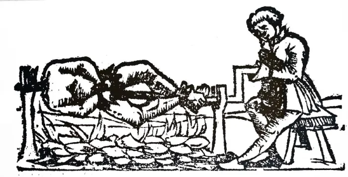 Framed Print : A woodcut engraving depicting the practice of Cannibalism: a man is cooking a human body on a spit. Dated 16th century Framed Print : A woodcut engraving depicting the practice of Cannibalism: a man is cooking a human body on a spit. Dated 16th century
