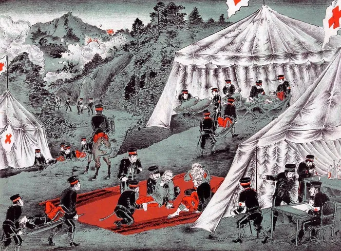 Framed Print : Woodcut illustration of Japanese Red Cross medics and volunteers attending to wounded Japanese and Russian soldiers Framed Print : Woodcut illustration of Japanese Red Cross medics and volunteers attending to wounded Japanese and Russian soldiers