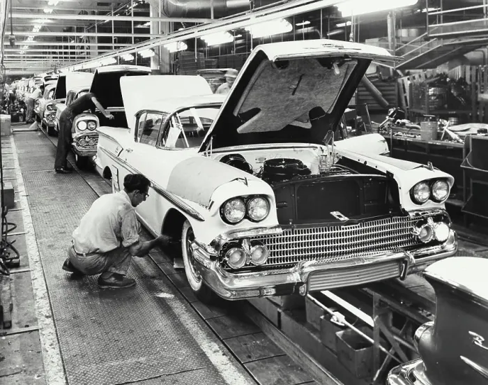 Framed Print : Workers working on assembly line of cars, Chevrolet Motor Division, Detroit, Michigan, USA Framed Print : Workers working on assembly line of cars, Chevrolet Motor Division, Detroit, Michigan, USA