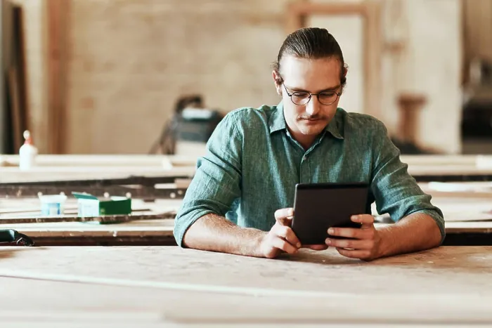 Framed Print : Workshop, carpenter and man with tablet for reading