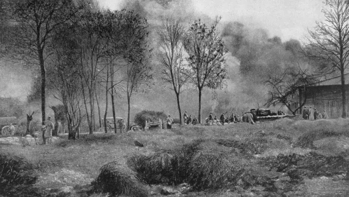 Framed Print : World War I 1914-1918: French farmhouse set on fire by German shellfire. From Le Flambeau, Paris, 18 September 1915 Framed Print : World War I 1914-1918: French farmhouse set on fire by German shellfire. From Le Flambeau, Paris, 18 September 1915
