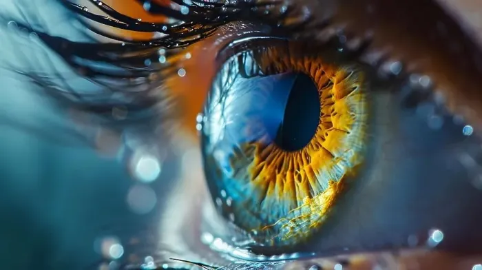 Framed Print : yellow and blue eye close up with drops on eyelashes, generative ai Framed Print : yellow and blue eye close up with drops on eyelashes, generative ai