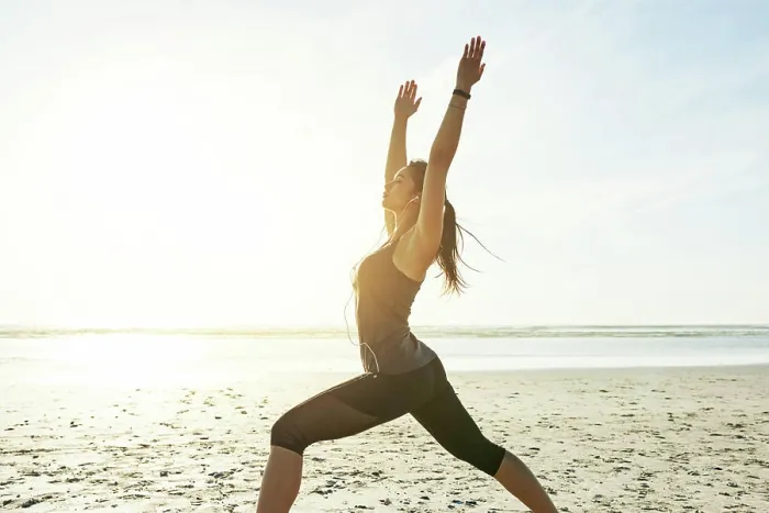 Framed Print : Yoga, space and woman at beach in warrior pose for posture and holistic health for calm soul Framed Print : Yoga, space and woman at beach in warrior pose for posture and holistic health for calm soul