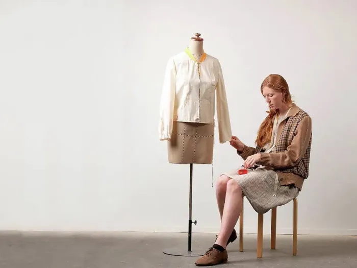 Framed Print : Young female fashion designer sitting on stool pinning blouse on dressmaker's dummy Framed Print : Young female fashion designer sitting on stool pinning blouse on dressmaker's dummy