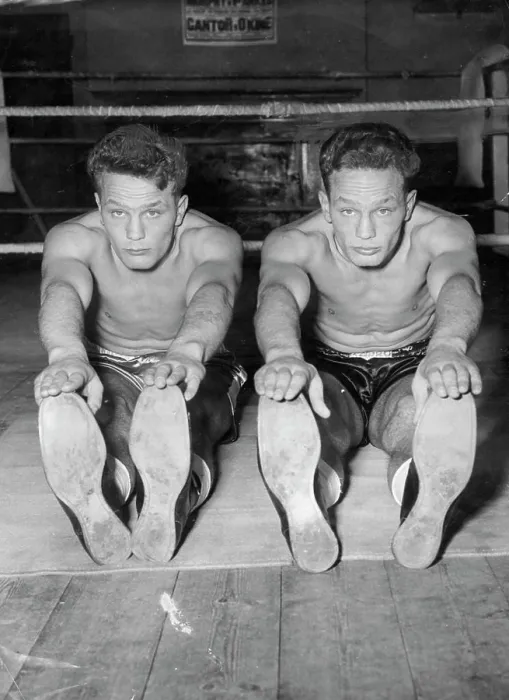 Framed Print : The Young One two -- Heavyweight twins prepare for battle -- Boxers have been known to appear in duplicate to their