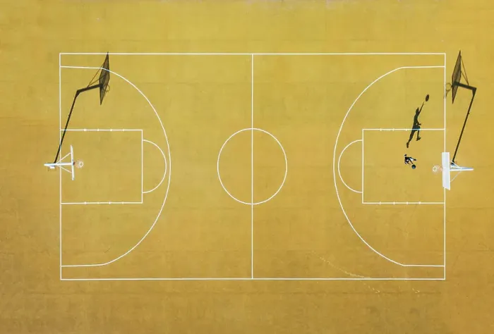 Framed Print : Young man playing basketball on outdoor court. Top view, bird eye view of yellow basketball court Framed Print : Young man playing basketball on outdoor court. Top view, bird eye view of yellow basketball court