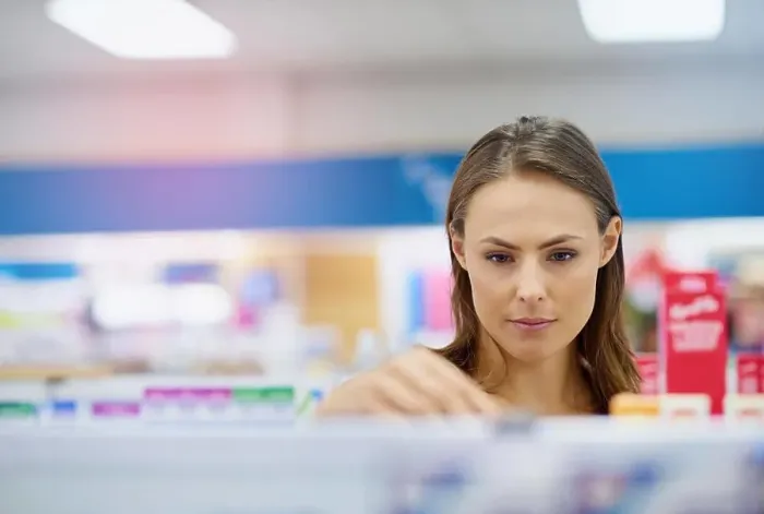Framed Print : A young woman buying medicine in a pharmacy -The commercial designs displayed in this image represent a simulation of a Framed Print : A young woman buying medicine in a pharmacy -The commercial designs displayed in this image represent a simulation of a