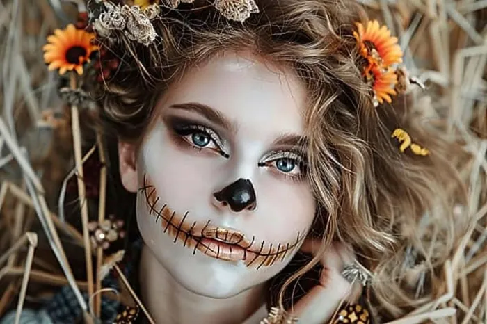 Framed Print : Young woman with Halloween scarecrow costume makeup with blurry grainfield in background. Generative Ai, AI generated