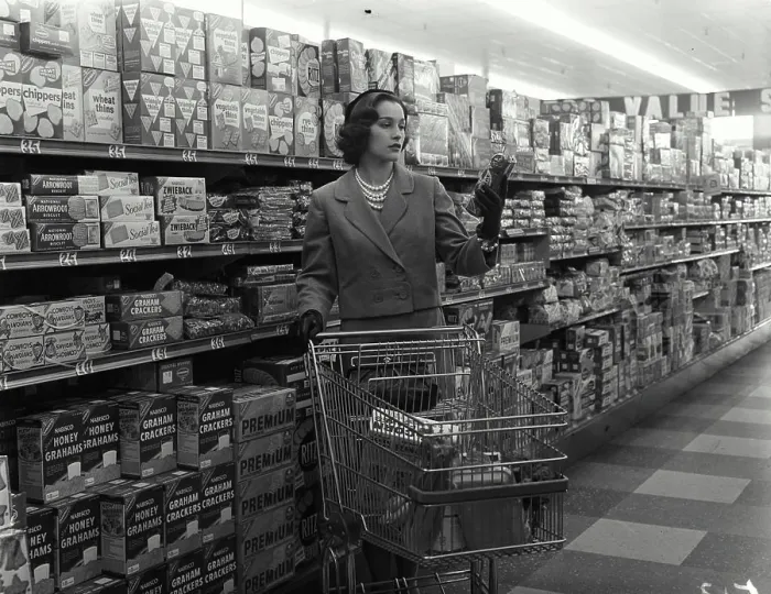 Framed Print : Young woman with a shopping cart in a grocery store