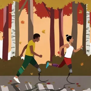 Amputee couple with prosthetic legs jogging in autumn park Amputee couple with prosthetic legs jogging in autumn park