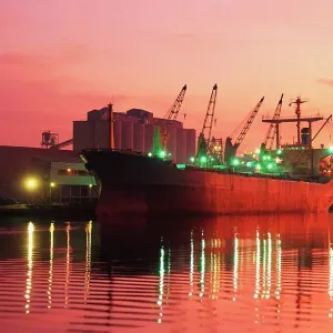 Container Ship docked at a commercial dock at dusk Container Ship docked at a commercial dock at dusk