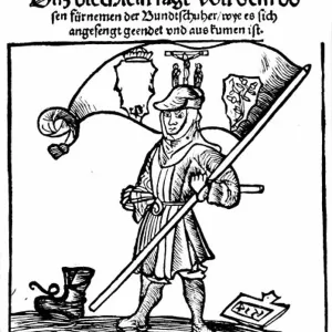 events Bundschuh movement 1493 - 1519 peasant with flag woodcut on the title page of the pamphlet Der Bundtschu by
