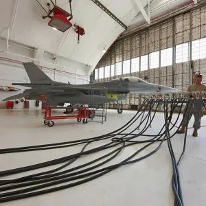 F-16 in Maintenance Hangar, Pressure Lines F-16 in Maintenance Hangar, Pressure Lines