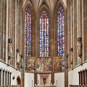 Germany, Bavaria, Wurzburg, Marienkapelle, Interior view with the altar and stained glass windows Germany, Bavaria, Wurzburg, Marienkapelle, Interior view with the altar and stained glass windows