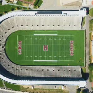 Harvard, USA - 03 September 2022: Aerial view of Harvard's football stadium Harvard, USA - 03 September 2022: Aerial view of Harvard's football stadium