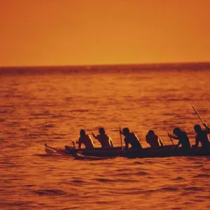 Hawaii, Outrigger canoe at golden sunset, silhouette Hawaii, Outrigger canoe at golden sunset, silhouette