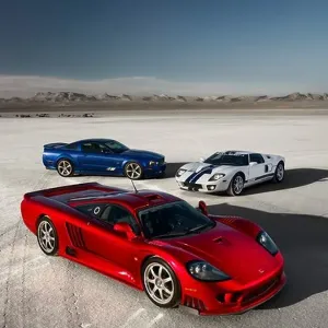 High front 3/4 view of the Saleen Ford GT, Saleen S7 and Saleen Ford Mustang 281 Extreme on El Mirage dry lake High front 3/4 view of the Saleen Ford GT, Saleen S7 and Saleen Ford Mustang 281 Extreme on El Mirage dry lake
