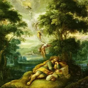 Jacob's Dream, a ladder reaching to heaven with angels climbing up and down Jacob's Dream, a ladder reaching to heaven with angels climbing up and down