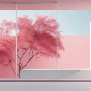 minimalistic interior design with large windows and a pink tree minimalistic interior design with large windows and a pink tree