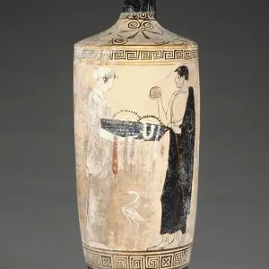 Oil Jar with a Woman Carrying a Basket of Offerings; Attributed to the Timokrates Painter (Greek (Attic)
