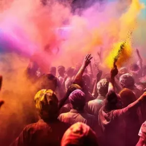 People celebrating the Holi festival of colors in Nepal or India People celebrating the Holi festival of colors in Nepal or India