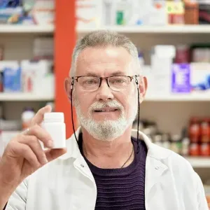 Pharmacist wearing eyeglasses holding bottle of medicine at pharmacy store Pharmacist wearing eyeglasses holding bottle of medicine at pharmacy store
