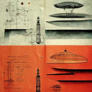 Science Fiction posters of space stations as mechanical drawings