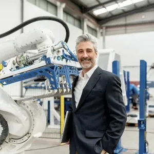 Smiling businessman holding laptop standing by robotic arm in factory Smiling businessman holding laptop standing by robotic arm in factory