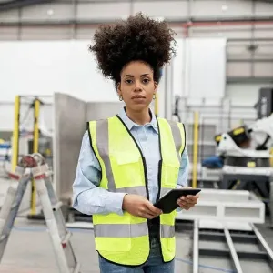 Technician holding tablet PC standing in factory Technician holding tablet PC standing in factory