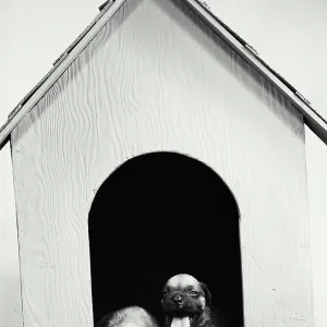 Vintage Photograph. Boxer pups in Dog House Vintage Photograph. Boxer pups in Dog House