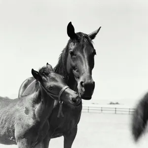 Vintage Photograph. Mare and her colt outside in pasture nuzzling Vintage Photograph. Mare and her colt outside in pasture nuzzling