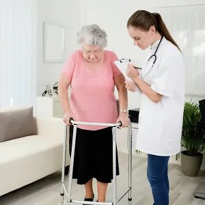 Young doctor checking rehab medical progress to elderly woman at home Young doctor checking rehab medical progress to elderly woman at home