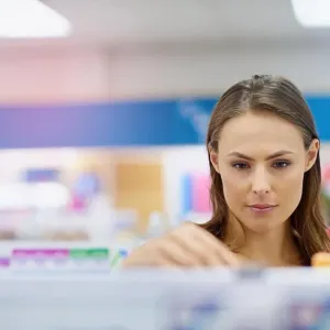 A young woman buying medicine in a pharmacy -The commercial designs displayed in this image represent a simulation of a A young woman buying medicine in a pharmacy -The commercial designs displayed in this image represent a simulation of a