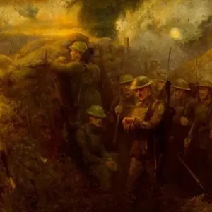 Zero Hour, 1918, by James Prinsep Beadle (1863-1947), oil on canvas, 107.9x185.4 cm. World War I, 20th century Zero Hour, 1918, by James Prinsep Beadle (1863-1947), oil on canvas, 107.9x185.4 cm. World War I, 20th century