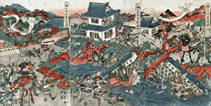 Woodcut Prints: The 14th century Samurai Kusonki and his followers besieged in the castle Akasaka
