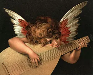 Florence Prints: 1520s 1521 CHERUB PLAYING THE LUTE PAINTING BY FIORENTINO NOW AT THE UFFIZI FLORENCE ITALY