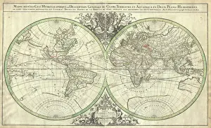 Hemisphere Prints: 1691 Sanson Map of the World on Hemisphere Projection