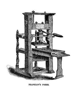 Oldtime Prints: 1700s 1720s DRAWING OF BENJAMIN FRANKLINíS PRINTING PRESS