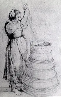 Chalk Prints: 17th Century illustration of a woman churning butter. Dated 1620